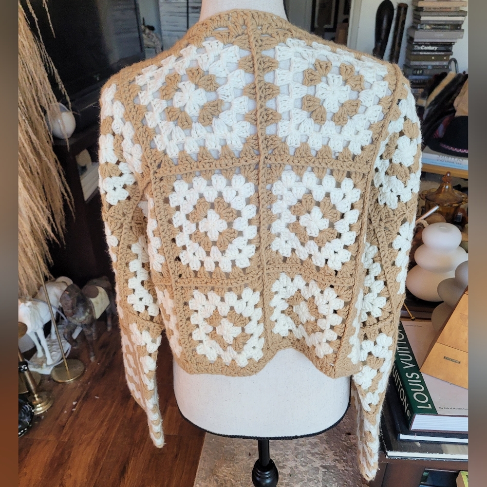 Elan Crochet Cardigan - Cream and Tan - Picture 5 of 6